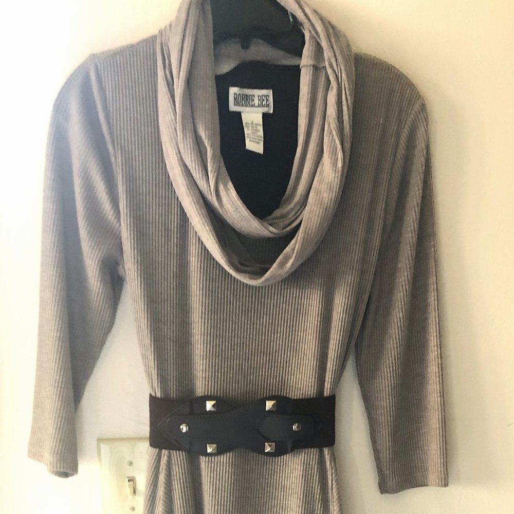 Robbie Bee - 3/4 Sleeve Belted Dress With Infinity Scarf (Size L)
